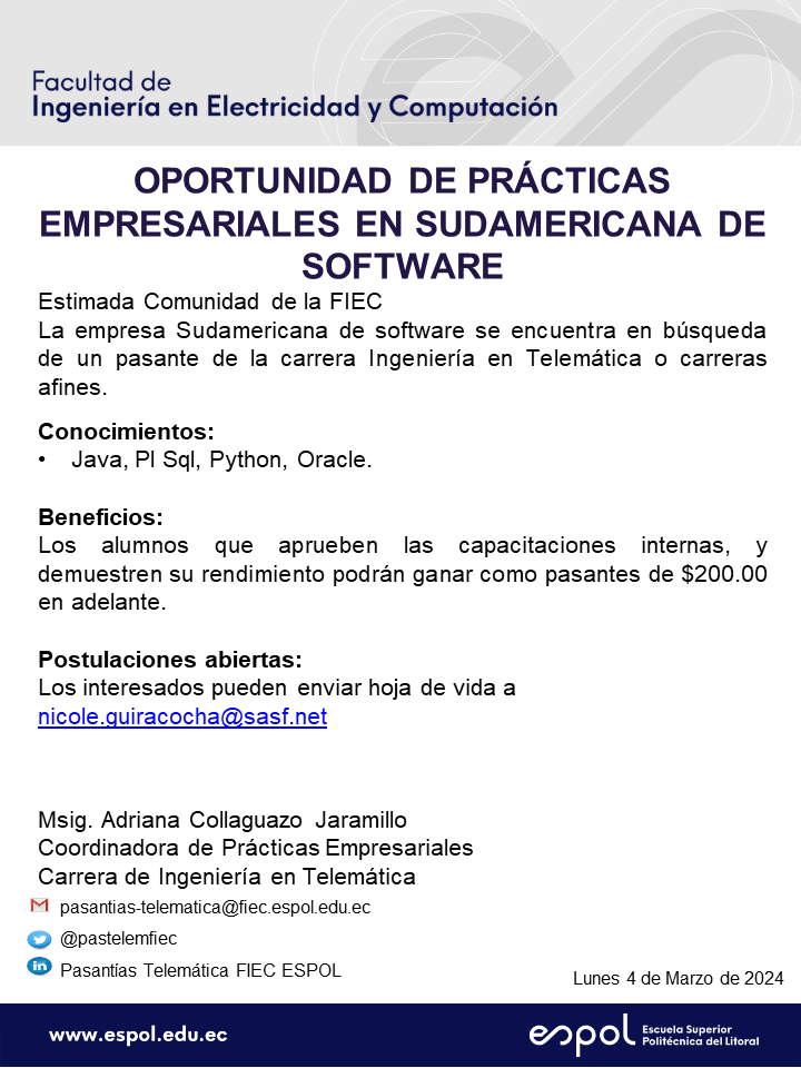 Oportunidad de pasantías en Sudamericana de Software: Ingeniería en Telemática