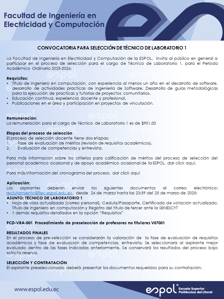 Oportunidad laboral en FIEC - ESPOL: Ingeniería en Computación