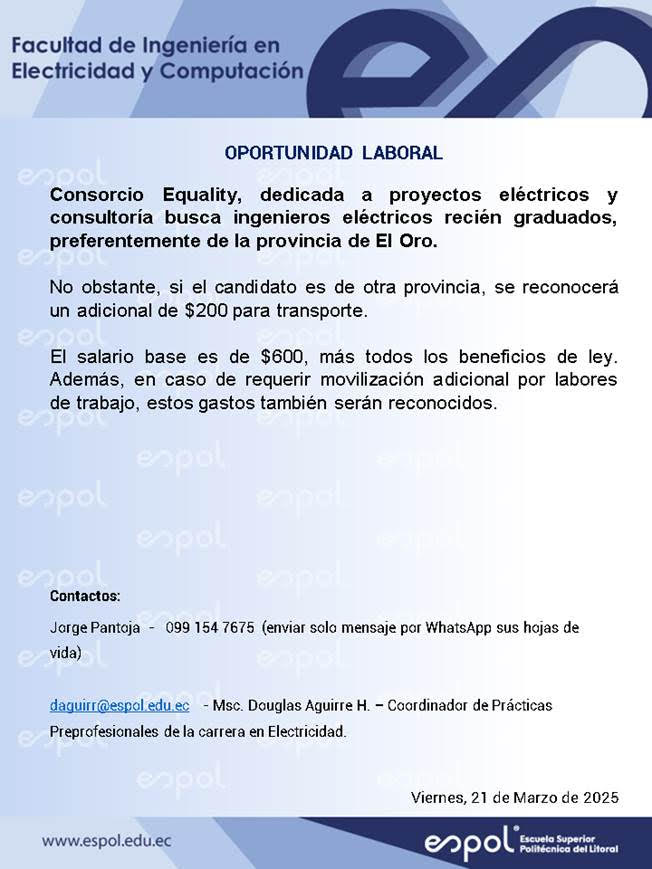 Oportunidad laboral en el Consorcio Equality: Ingeniería en Electricidad