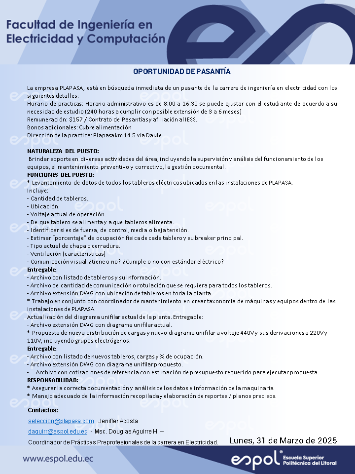 Oportunidad de pasantías en Plapasa: Ingeniería en Electricidad