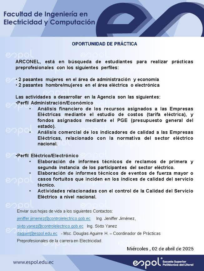 Oportunidad de pasantías en Arconel: Ingeniería en Electricidad