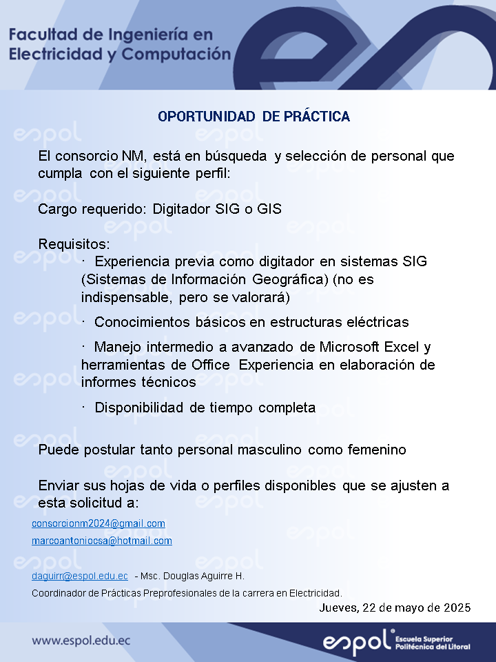 Oportunidad de pasantías en el consorcio NM: Ingeniería en Electricidad