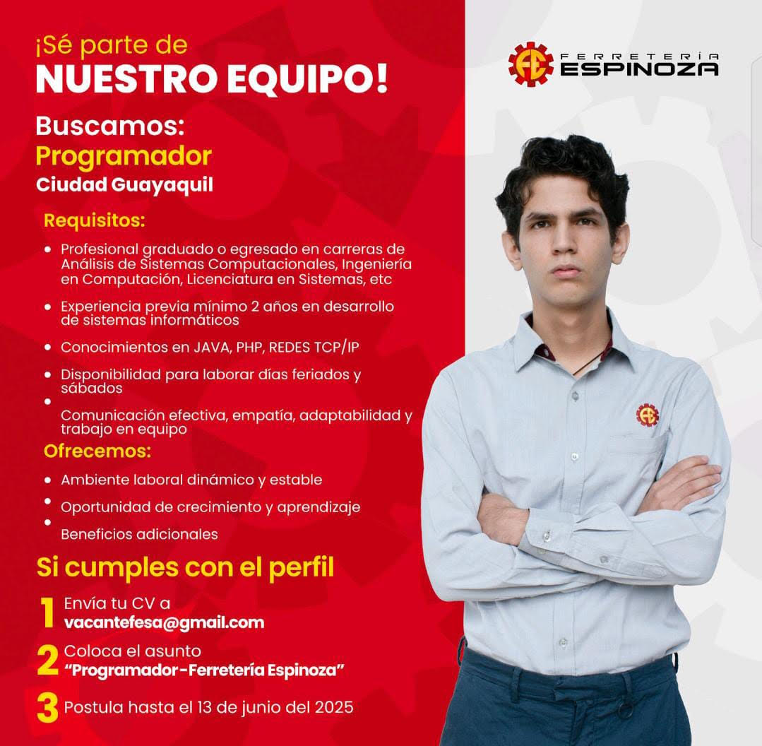 Oportunidad laboral en la Ferreteria Espinoza: Ingeniería en Computación