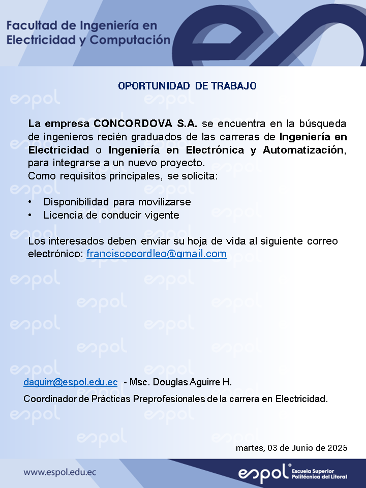 Oportunidad laboral en Concordova S.A.: Ingeniería en Electricidad