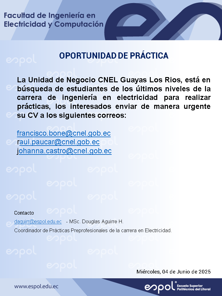 Oportunidad de pasantías en CNEL Guayas Los Rios: Ingeniería en Electricidad