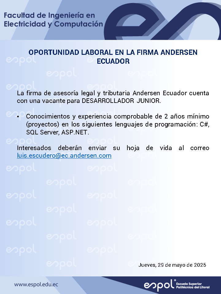 Oportunidad laboral en Adersen Ecuador: Ingeniería en Computación