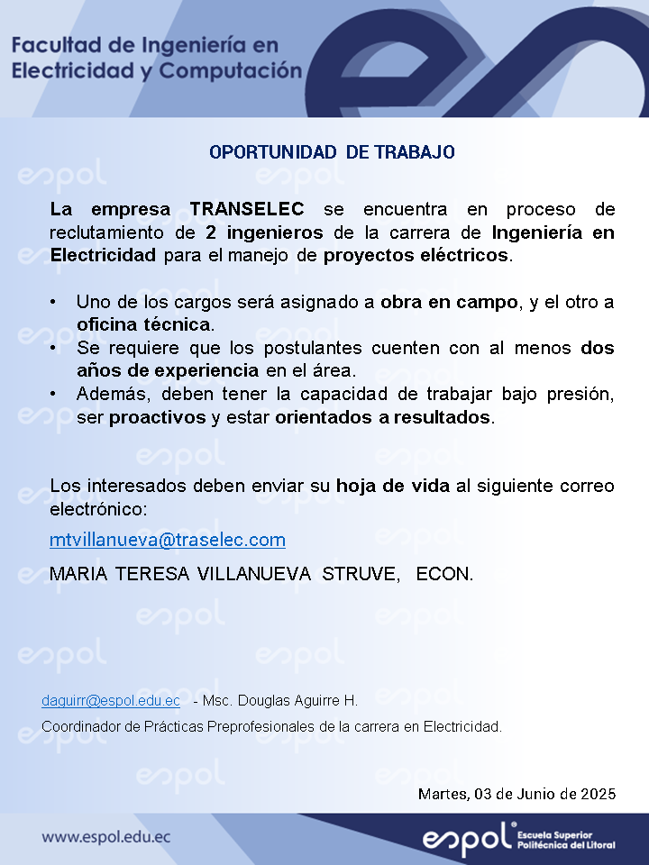 Oportunidad laboral en Transelec: Ingeniería en Electricidad