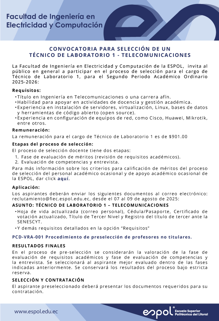 Oportunidad laboral en la FIEC - ESPOL: Ingeniería en Telecomunicaciones