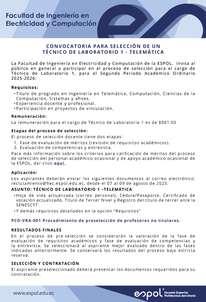 Oportunidad laboral en la FIEC - ESPOL: Ingeniería en Telemática