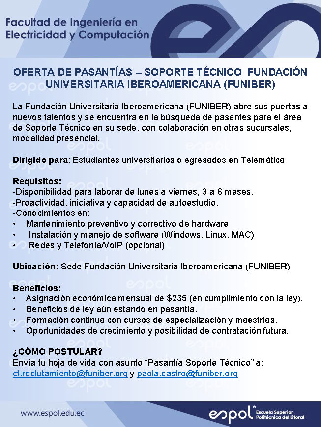 Oportunidad de pasantías en FUNIBER: Ingeniería en Telemática