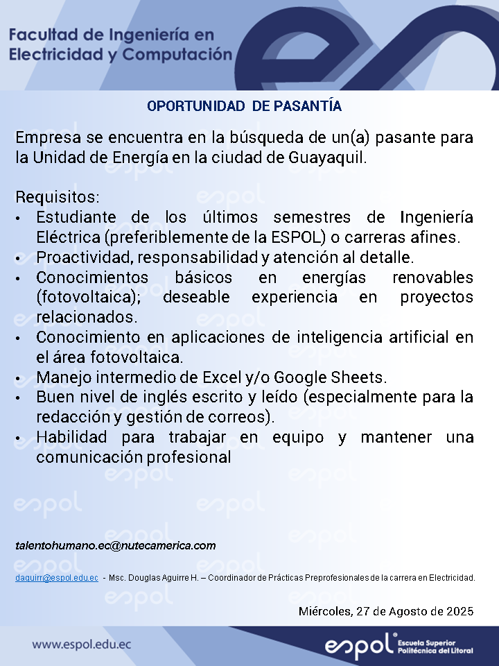 Oportunidad de pasantías en Nutecamerica: Ingeniería en Electricidad