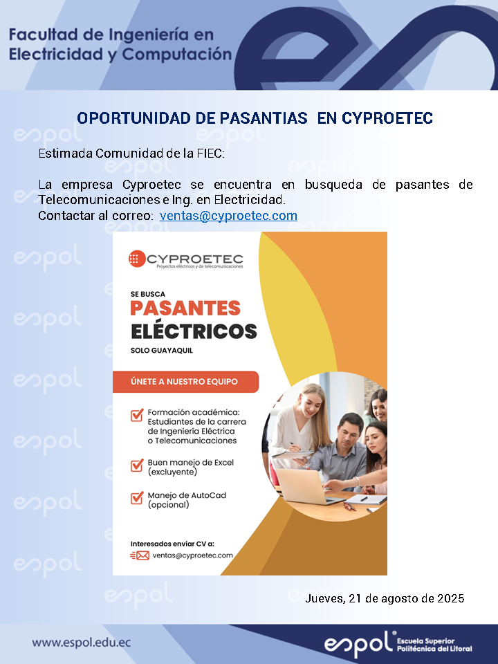 Oportunidad de pasantías en Cyproetec: Ingeniería en Telecomunicaciones