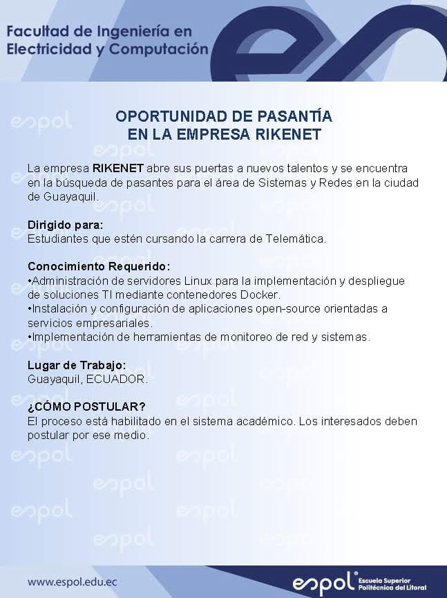 Oportunidad de pasantías en Rikenet: Ingeniería en Telemática