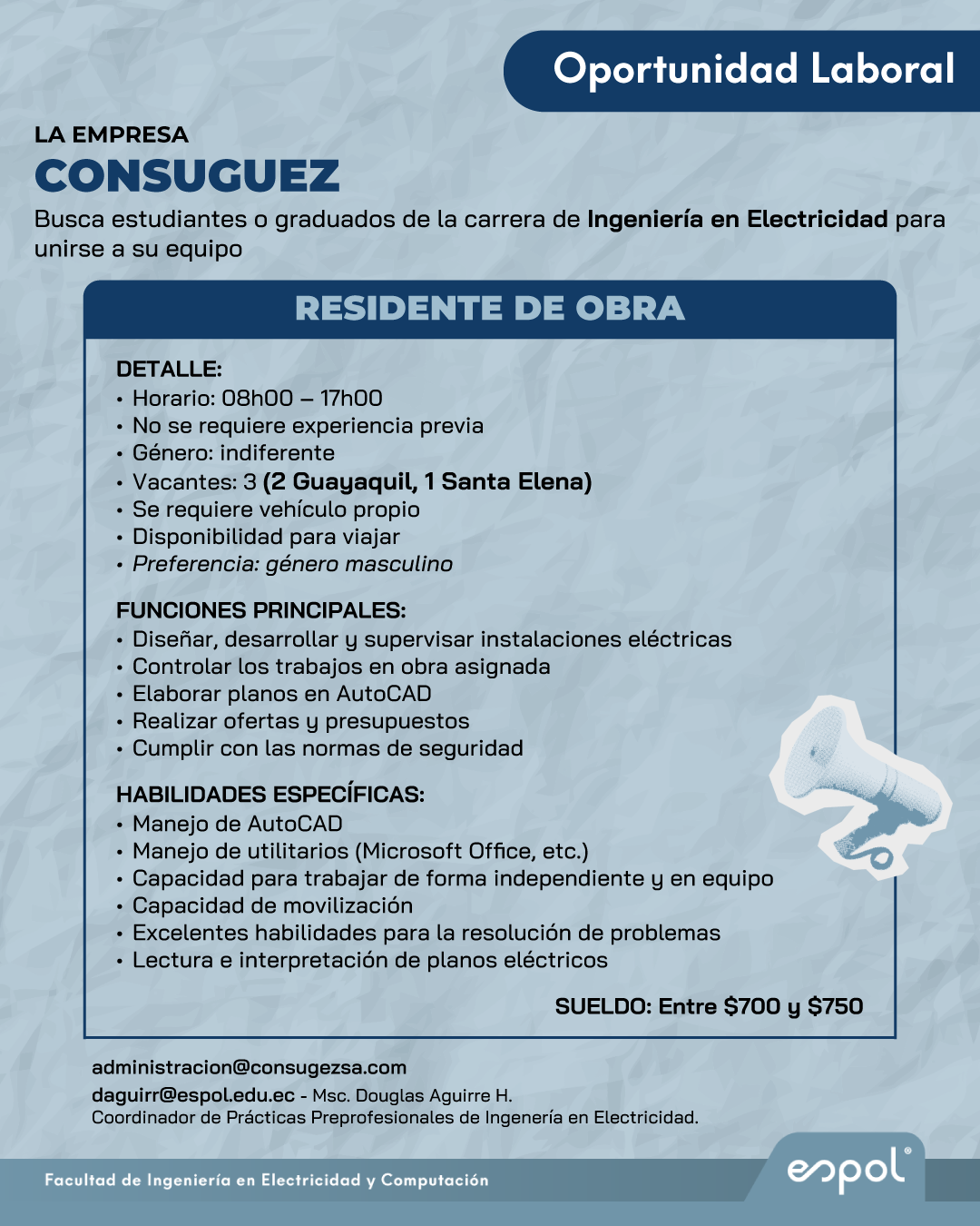 Oportunidad laboral en Consuguez: Ingeniería en Electricidad