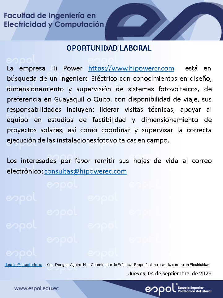 Oportunidad laboral en Hi Power: Ingeniería en Electricidad