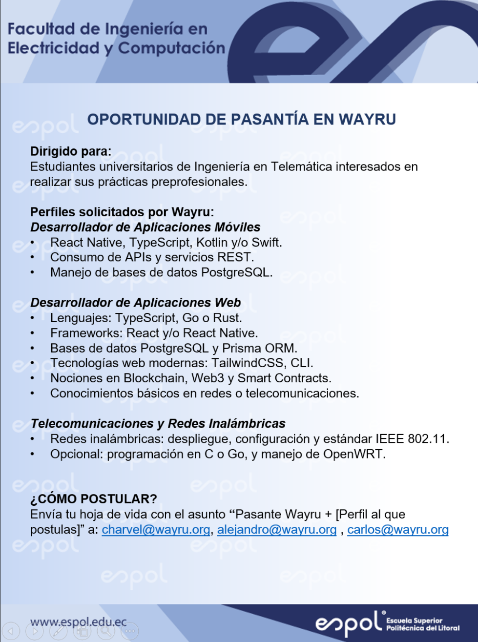 Oportunidad de pasantías en Wayru: Ingeniería en Telemática