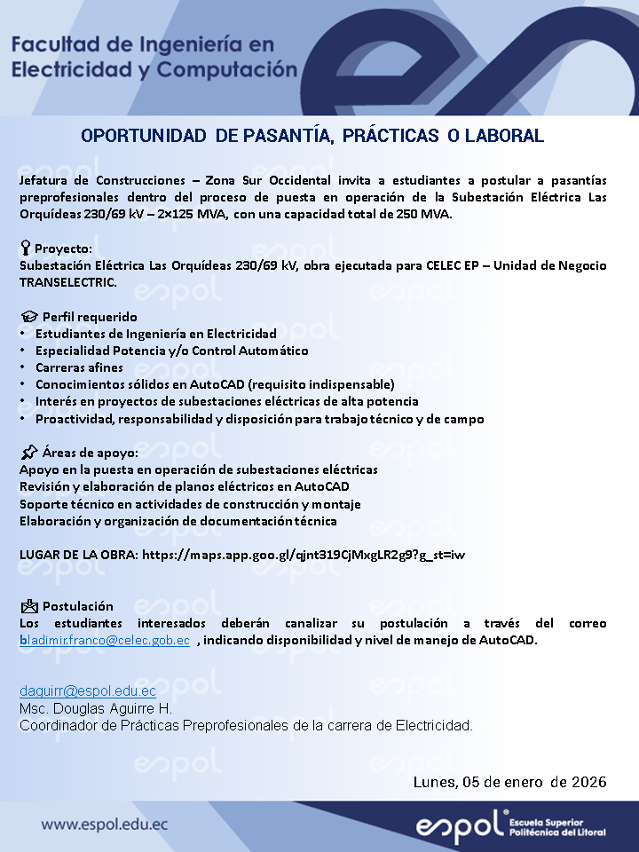 Oportunidad de pasantías en la Jefatura de Construcciones - Zona Sur Occidental: Ingeniería en Electricidad