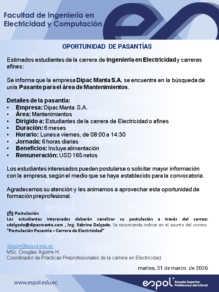 Oportunidad de pasantías en Dipac Manta S.A.: Ingeniería en Electricidad