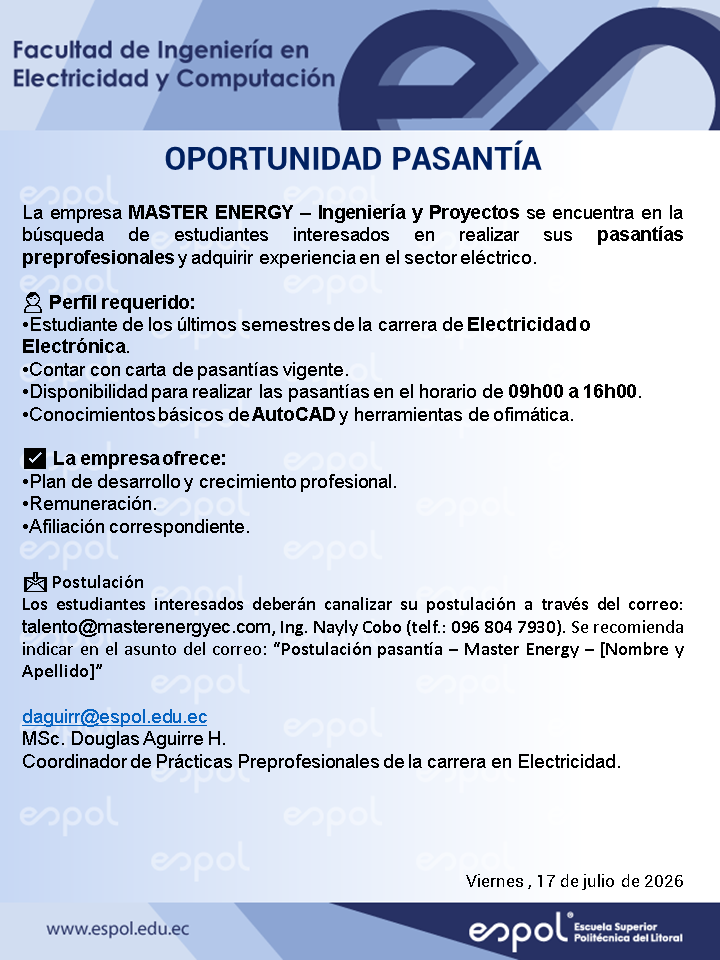 Oportunidad de pasantía en Master Energy: Ingeniería en Electricidad