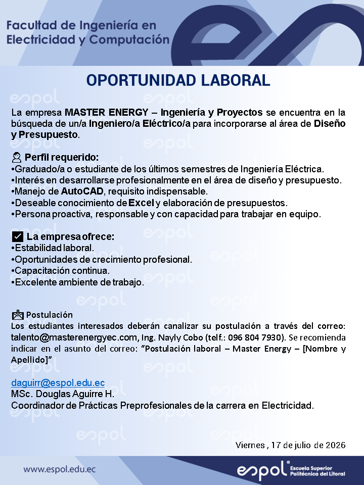 Oportunidad laboral en Master Energy: Ingeniería en Electricidad